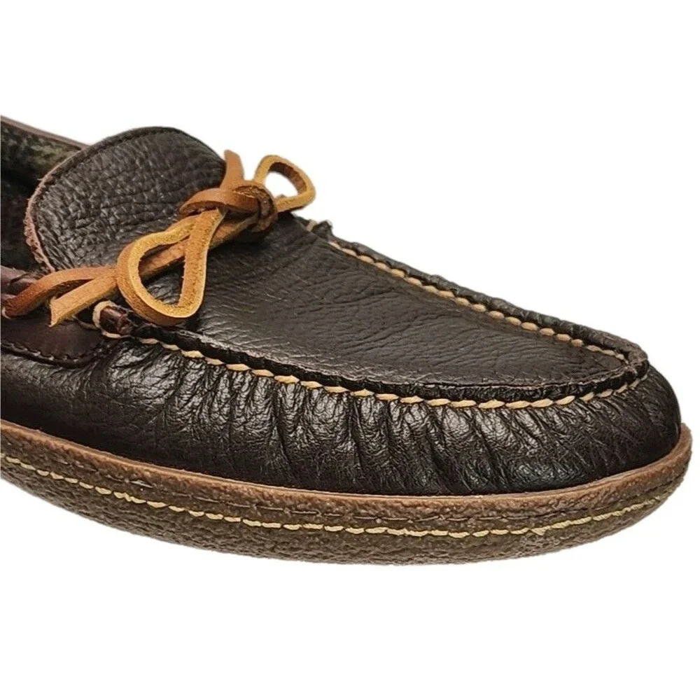 LL Bean Slipper Driving Loafer Men Sz 9 Brown Leather Flannel Line Moccasin Shoe